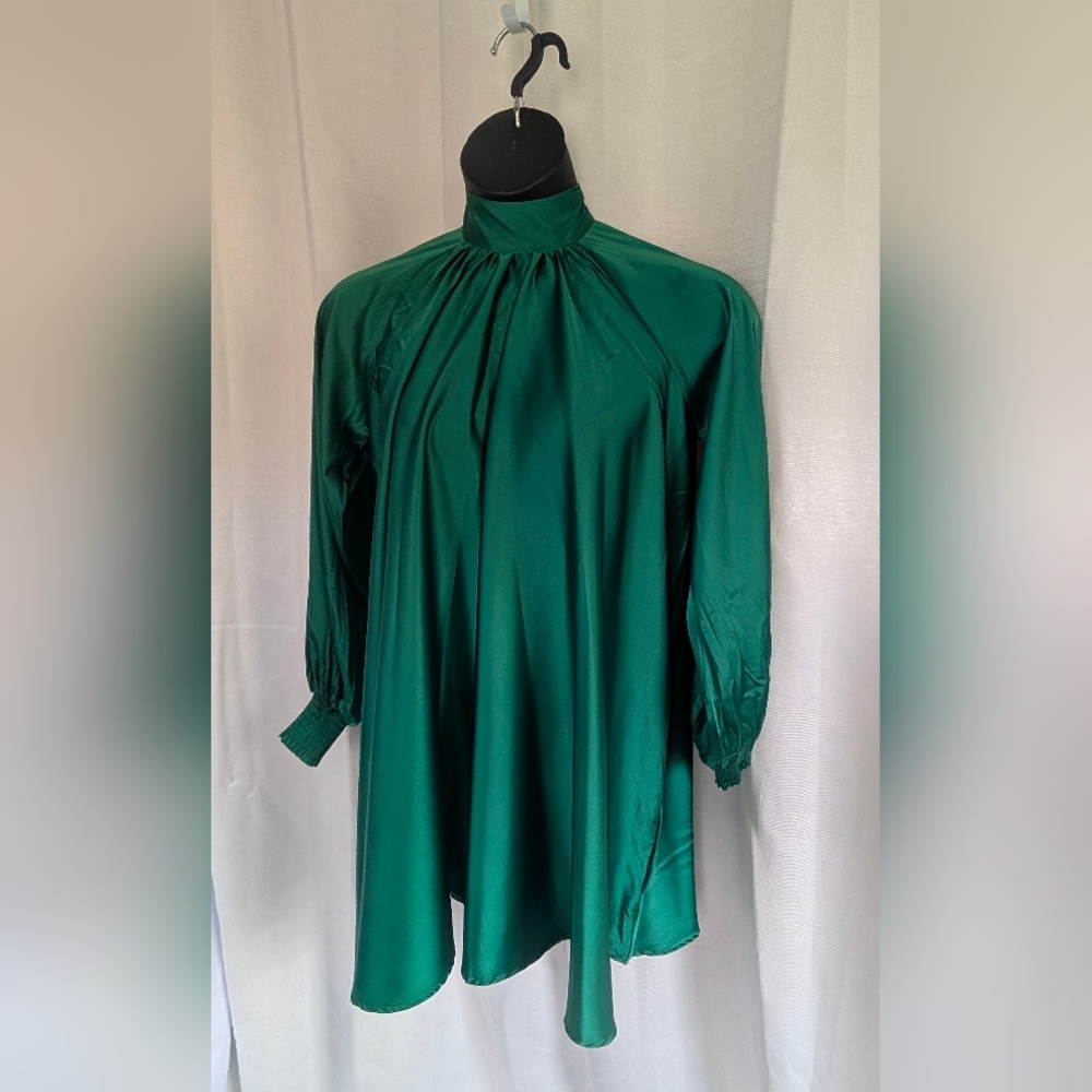Emerald Green High Shine High tie neck Long Sleeve Flowing Aura Dress - Picture 6 of 16
